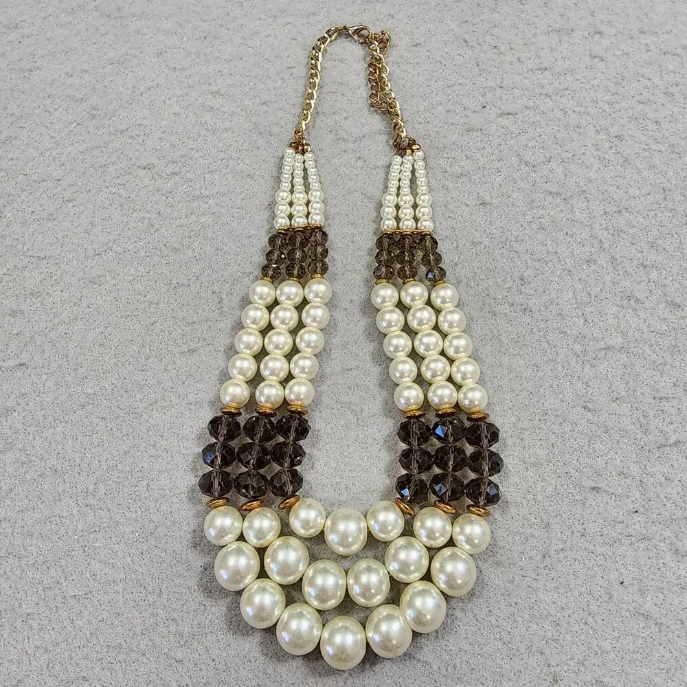 Crystal Necklace Clip-On Earrings Kenneth Jay Lane Three Strand Faux Pearl Brown